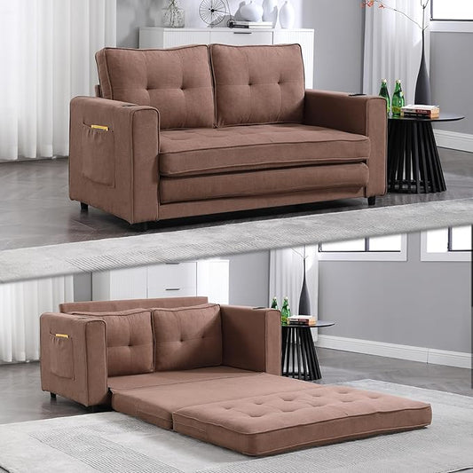 Futon Sofa Bed Convertible Folding Futon Breathable Small Couch Adjustable Pull Out Chaise Lounge for Compact Living Studio in Living Room and Bedroom Offices Loveseat (Brown)