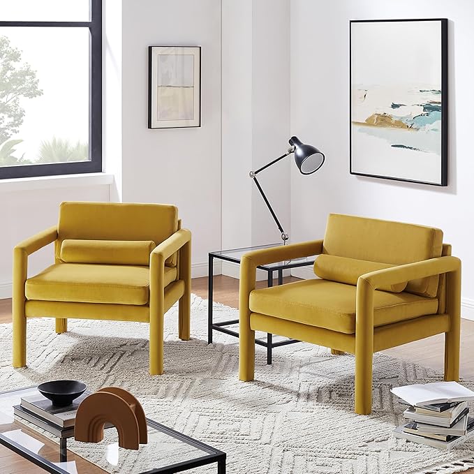 Art Leon Modern Velvet Upholstered Arm Chairs Set of 2 Living Room Accent Chairs with Pillow Yellow