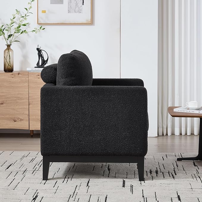 35.4 Modern Boucle Accent Chair with Deep Seat Oversized Wooden Upholstered Armchair Single Sofa Lounge Reading Chairs Large Accent Chair for Living Room/Bedroom/Office (Black &amp Style 2)