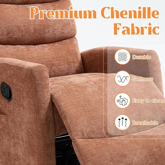 Luxlen Manual Swivel Rocker Recliner Chair with Massage Overstuffed Recliner Glider with Vibration Massage and Heat for Nursery Living Room Reclining Sofa Chair Fabric Orange