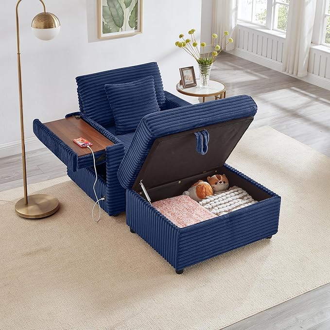 Modern Corduroy Cloud Chaise Lounge Chair with Ottoman Storage USB Ports &amp Wooden Side Table – 34.5 Comfortable Reading Chair for Living Room Bedroom &amp Home Office Reading Room Blue