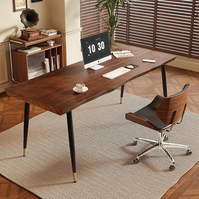 Solid Wood Desk 55 inches Home Office Computer Desk Wooden Rustic Writing Desk Metal Modern Simple Design Executive Real Wood Desk(Walnut)