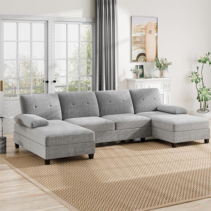 Nuturelly Nutually Sectional Couches for Living Room Convertible U-Shaped Sofa Couch with Double Chaise 4 Seat Sofa Set Modular Sofa Couch with Linen Fabric for ApartmentGray