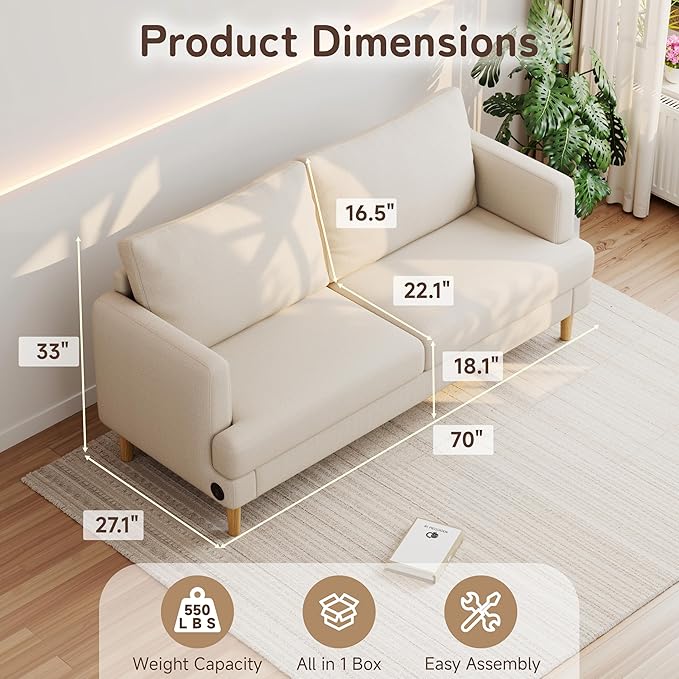 70 Modern Loveseat Sofa with USB Type-C Ports Linen Fabric 2-Seater Deep Seat Couch Cozy Small Couch Sofa for Living Room Bedroom Office Apartment (Beige)