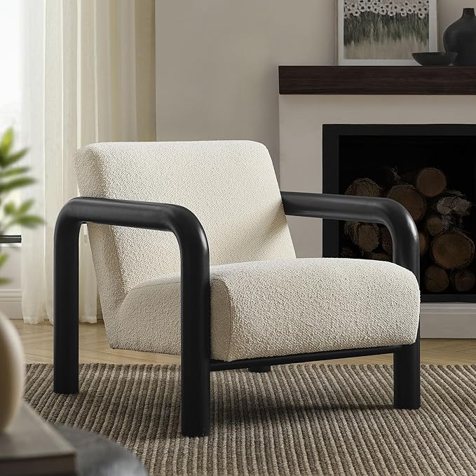 Modway Sereno Modern Boucle Fabric Accent Chair in Cream Black with Rounded Wood Armrests – Upholstered Lounge Chair for Living Room or Bedroom