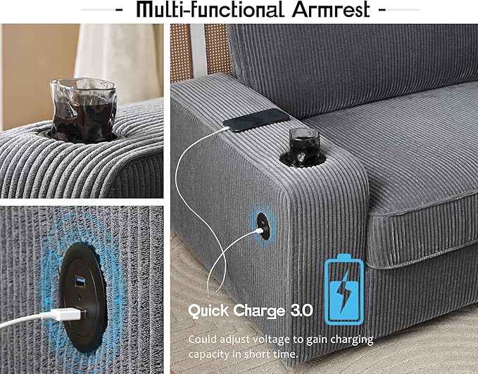 VanAcc Sofa Comfy Couch- Deep Seat Sofa Modern Couch with Cup Holders &amp USB Charging Ports Sofa Chair for Living Room(Ash Grey Corduroy)
