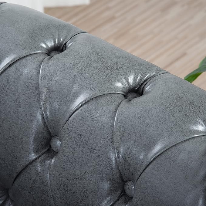 GDFStudio 85 Tufted Button Chesterfield Sofa with Deep Seat Cushions Rolled Arms &amp Gold Accent Strip 3-Seater Midcentury Modern Sofa for Living Room Classic Couch Furniture Gray + PU