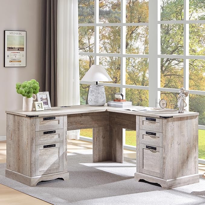 RedLemon 60 Farmhouse L Shaped Executive Desk with Drawers Wood Home Office Corner Desk with Charging Station File Drawer Storage Cabinet Rustic Computer Writing Desk (Light Rustic Oak)