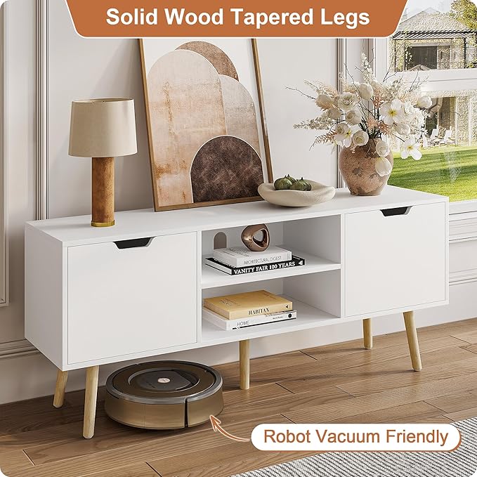 ALINE FURNITURE White TV Stand for 50 55 60+ inch TVs - Media Console with 2 Cabinets &amp Open Shelves Solid Wood Legs - TV Consoles for Living Room - 22 H Entertainment Center for Bedroom