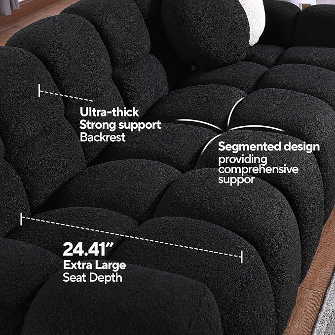 Boucle Sofa for Living Room Cloud Couch with Solid Eucalyptus Frame &amp Cloud Pillow Mid Century Modern Couch for Office Living Room Coffee Room (Black 65-Loveseat)