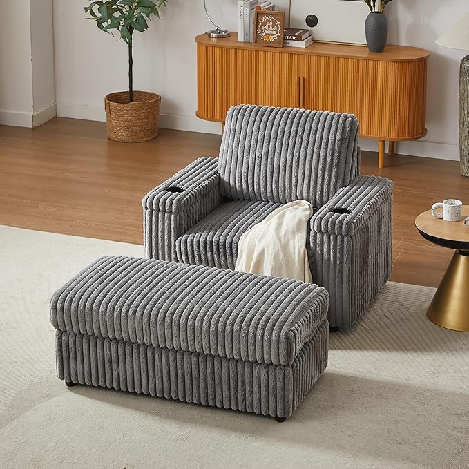 42.5 W Chaise Lounge Chair Indoor Oversized Corduroy Sleeper Chair with Wood Frame Upholstered Sofa Bed with Storage Ottoman &amp Armrest 2 Cupholders for Living Room Movie Room Bedroom