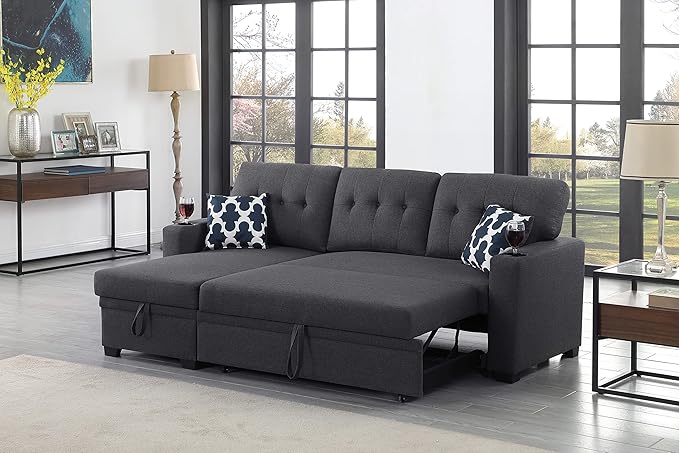 Ball &amp Cast L-Shape Reversible Sectional Sleeper Sofa Bed 4 in 1 Pull Out Couch with Storage Chaise Cupholder Armrests &amp Removable Back Cushions Convertible Sleeper Corner Couch for Living Roo