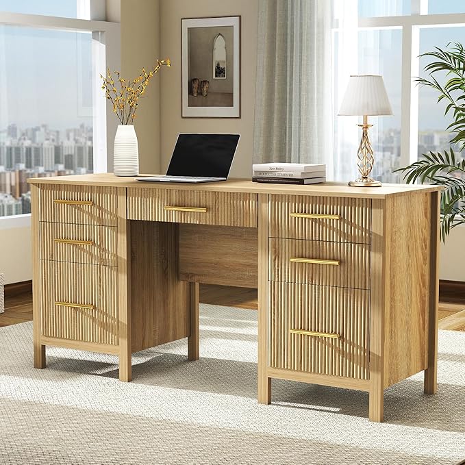 Oak Computer Desk with Storage: 60 Wooden Executive Office Desk with 7 Drawers Home Office Desks with File Drawers Fluted Writing Desks for Study Living Room