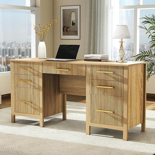 Oak Computer Desk with Storage: 60 Wooden Executive Office Desk with 7 Drawers Home Office Desks with File Drawers Fluted Writing Desks for Study Living Room