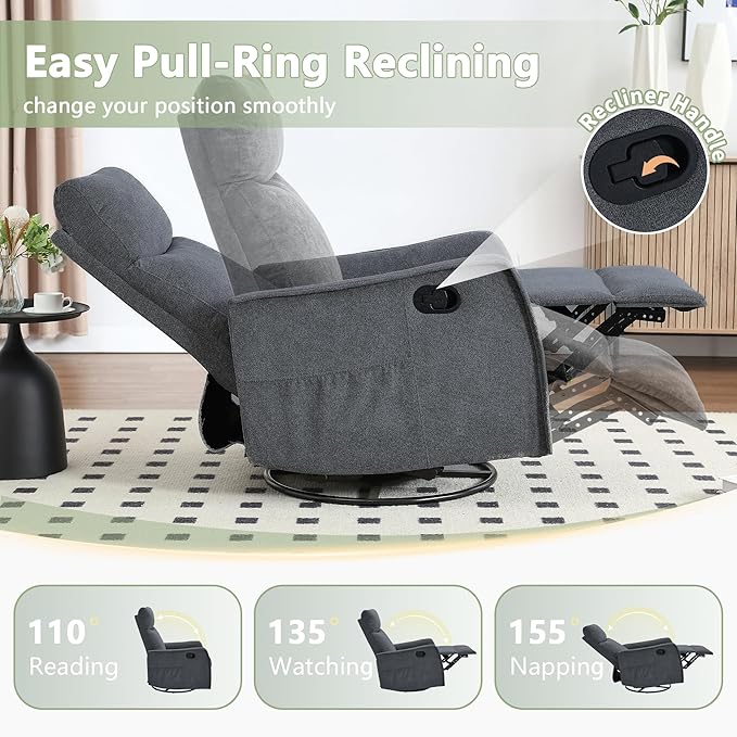 cinkehome Swivel Rocker Recliner Glider Rocker Recliner Chair for Nursery Manual Reclining Chair with Heated Massage Small Spaces Living Room Linen Dark Grey