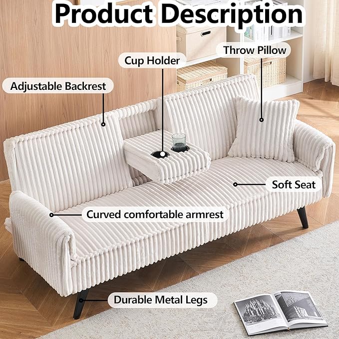 72” Corduroy Futon Sofa Bed with Pillows Modern Convertible Futon Couch with 2 Cup Holders&amp Metal Legs for Small Spaces Living Room Solid Wood Frame (White)