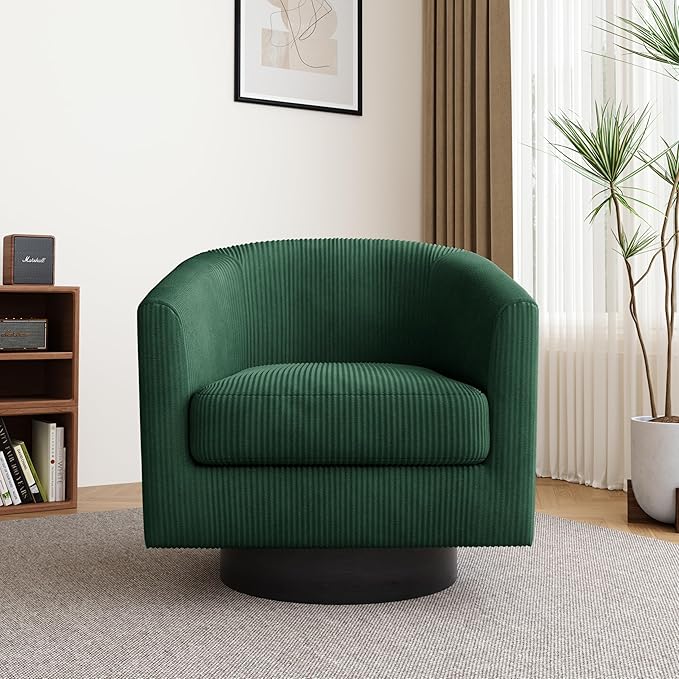 Lumibee Swivel Accent Barrel Chairs Set of 2 Upholstered Comfy Swivel Round Barrel Chair 360° Rotation Single Sofa Club Armchair for Living Room Reading Room Bedroom Corduroy Dark Green