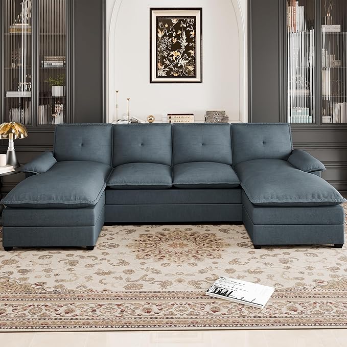 U Shaped Sectional Couches for Living Room110 Modern Big Sofa Couch with Double Chaise4 Seat Modular Sofa Couches with Thick Cushion &amp Soft BackrestBlue-Gray