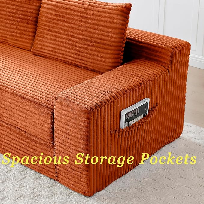 73 Cloud Loveseat Sofa Bed Orange - Boneless 2-Seater Couch No Assembly Convertible Folding 2-in-1 Design Small Space Corduroy Memory Foam Floor Lounge Couch for Bedroom Living Room (Orange)