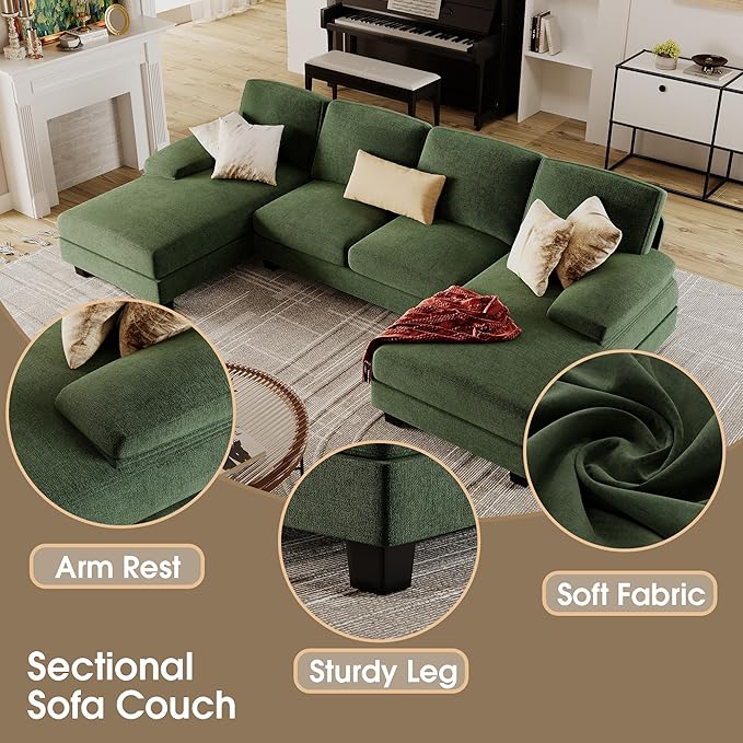 Furmax Sectional Couches for Living Room U-Shaped Sofa Couch with Linen Fabric 4 Seat Sofa Set with Double Chaise for Apartment (Fabric Green)
