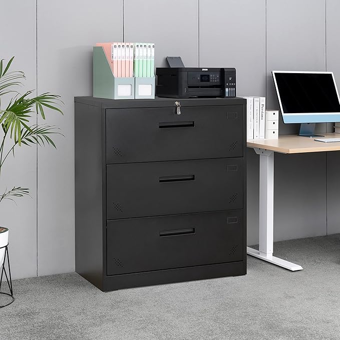 Generic 3 Drawer Lateral Filing Cabinet for LegalLetter A4 Size Large Deep Drawers Locked by Keys Locking Wide File Cabinet for Home Office Metal Steel Black