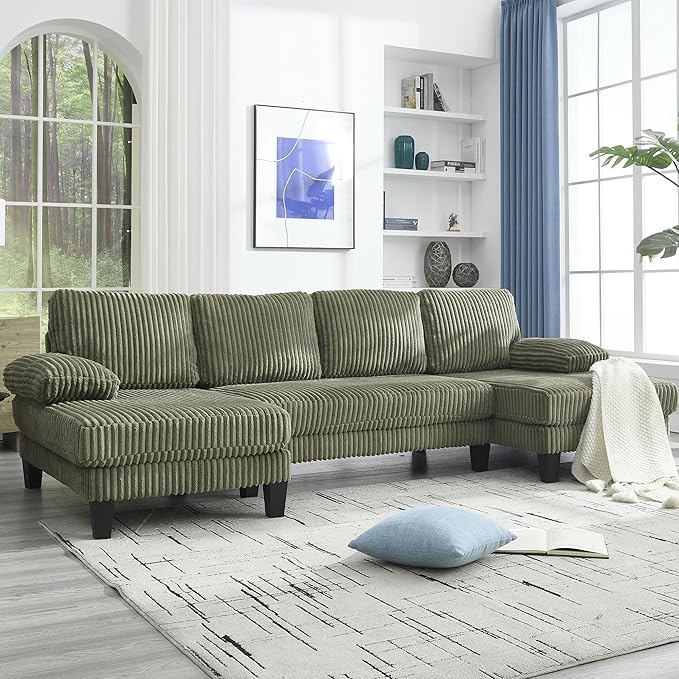 114.2 Beige Sectional Couches for Living Room U Shaped Couch with Double Chaise Modern Comfortable Plush Corduroy 4-Seat Cloud Sofa Set with Chenille Fabric for Home Furniture (Green)
