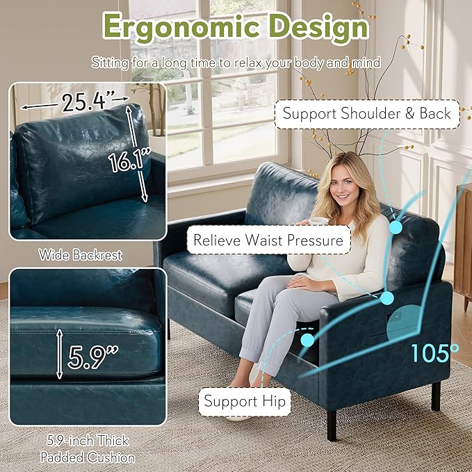 STHOUYN 57 W Faux Leather Loveseat w/ 2 USB Small Loveseat Sofa w/Side Pockets Wooden Frame Small Couch w/Metal Legs Office Mini Couch for Dorm Bedroom Apartment