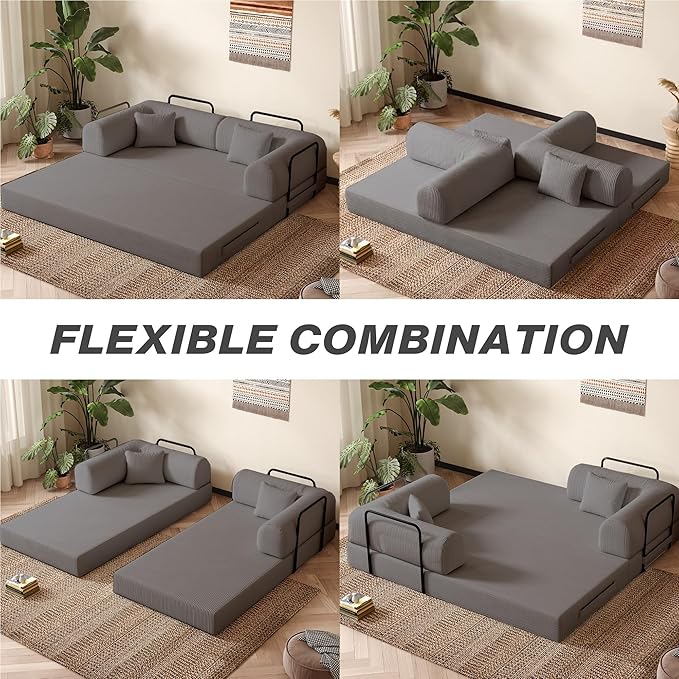 79'' Folding Sofa Bed 5-in-1 Convertible Sofa Bed Boneless Comfy Foldable Foam Couch with Pillow Modular Floor Couch for Living RoomBedroomLounge - Corduroy Grey