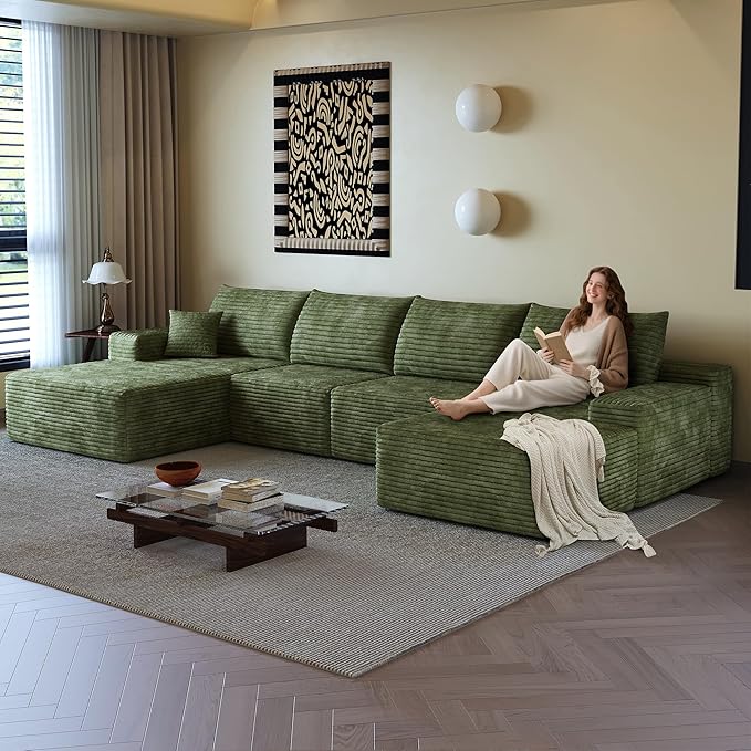135.4 Oversized U Shaped Modular Sectional Sofa Cloud Couch with Chaise Lounge and Movable Ottoman Fluffy Corduroy Upholstered Boneless Sofa Deep Seat Couches w/Pillows | 35D Full Foam Compressed
