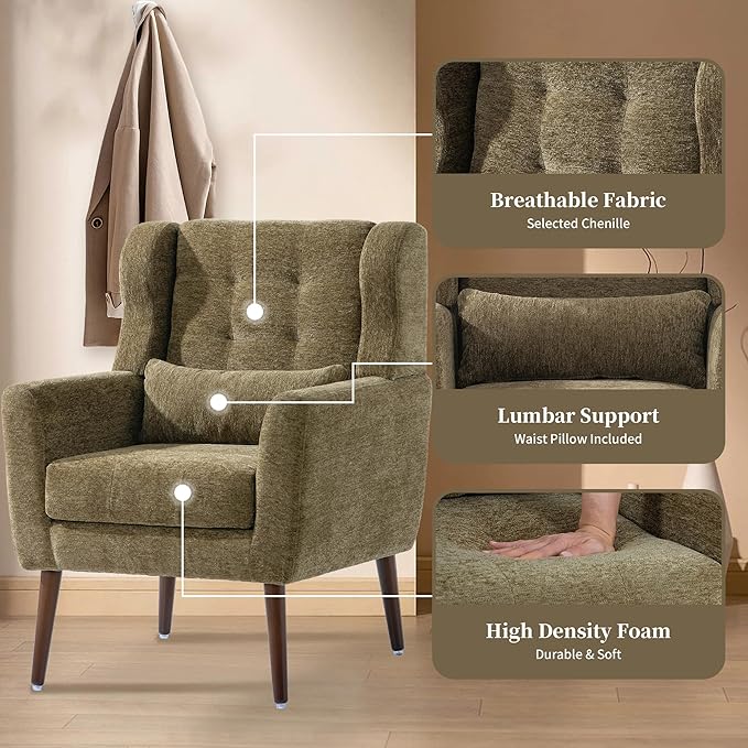 Mid Century Modern Accent Chair Plush Chenille Fabric Sturdy Wood Legs Armchair for Living Room Bedroom Office Olive Green