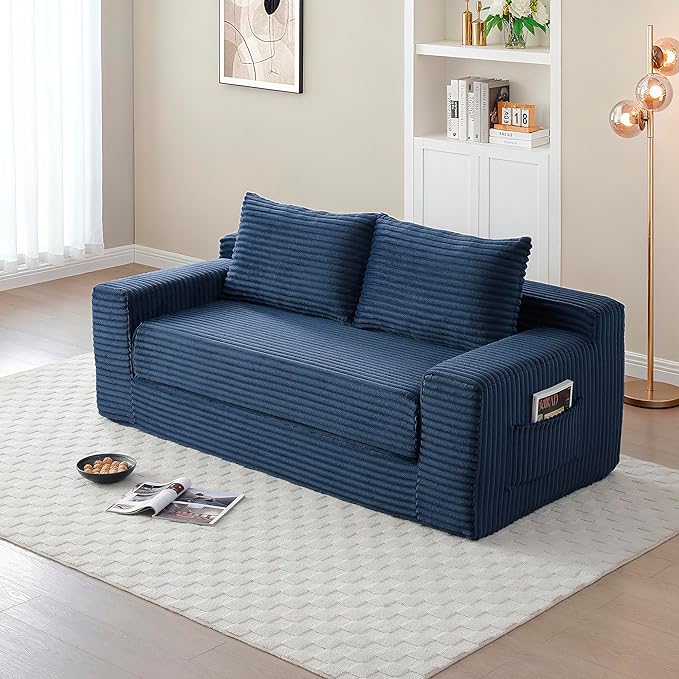 73 Convertible Sofa Bed 2 in 1 Corduroy Folding Couch with Pillows No Assembly Boneless Compression Sofa in Box Loveseat with Side Storage Pocket for Apartment Living Room Blue