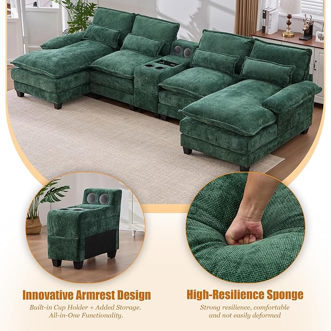 126 Modular Sectional Sofa with Storage Console Cloud Couch Chenille U-Shaped Sofa Cup Holders &amp Wireless Charger Memory Foam Double Chaise for Living Room Office Green