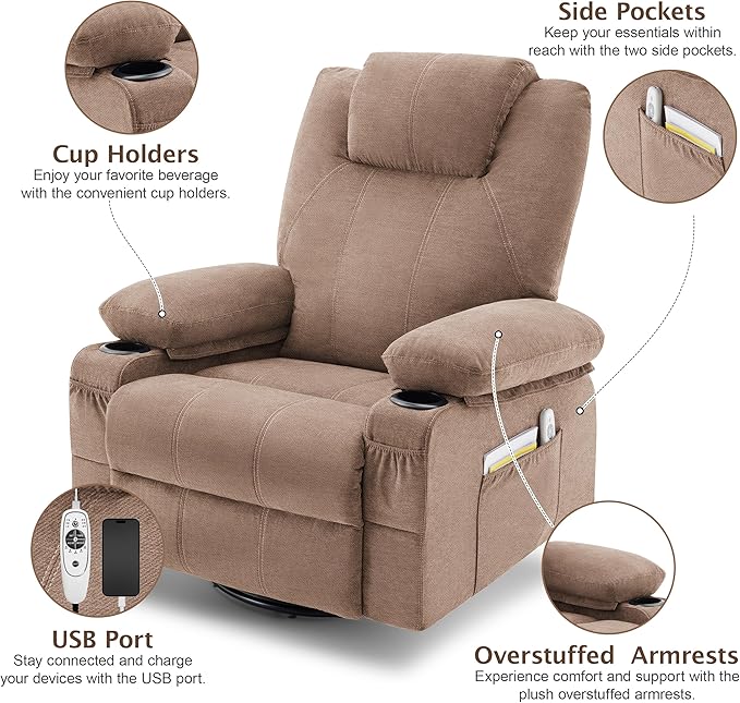 Oversized Swivel Rocker Recliner Chair with Heat and Massage Large Big Recliner Chair for Living Room 360 Degree Swivel Rocking Single Sofa with Cup Holders and USB Port(Fabric Brown)