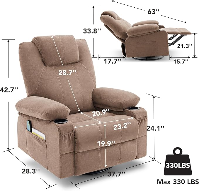 Swivel Rocker Recliner Chair with Heat and Massage 360 Degree Swivel Rocking Single Sofa with Cup Holders and USB Port Big Oversized Recliner Chair for Living Room (Fabric Brown)