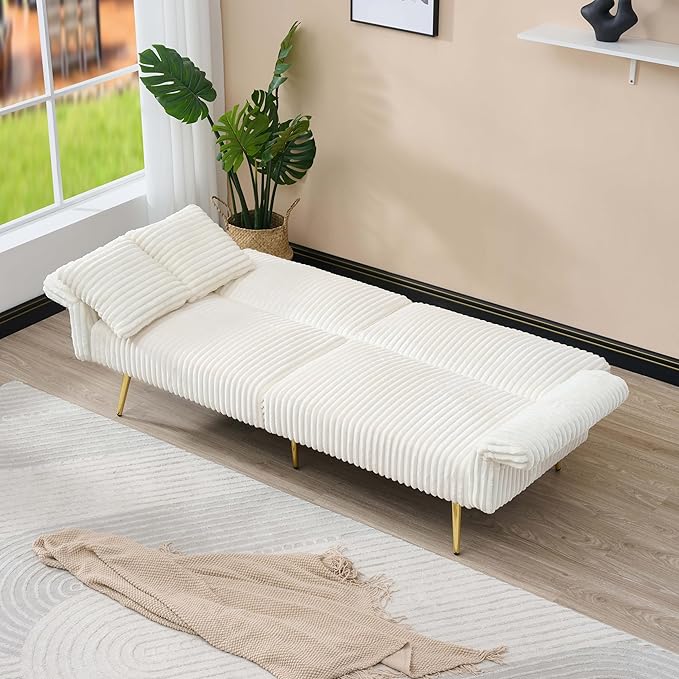 Modern Cozy Futon Sofa Bed White Loveseat with Adjustable Backrest and Armrests Corduroy Couch with Pillows Pocket for Small Spaces Living Room Apartment Or Office (White)