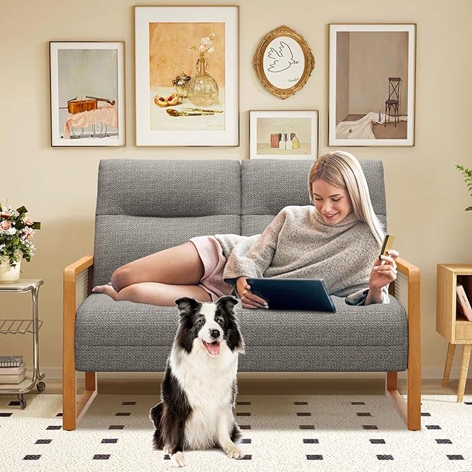 Modern Loveseat Bench Couch with Natural Rattan Arm Upholstered Linen Small Love Seat Sofa 2-Seats Living Room Couch Settee Comfy Lounge Recliner Chair-Taupe