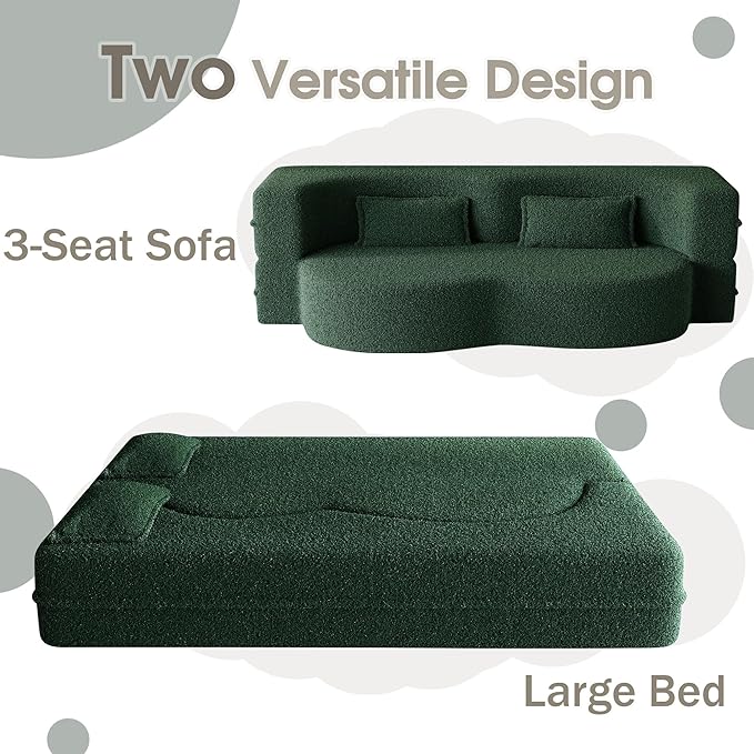 78 Convertible Sofa Bed 2-in-1 Folding Floor Couch with 2 Pillows Sleeper Sofa for Living Room and Bedroom No Assembly Required (Green Teddy Fabric)