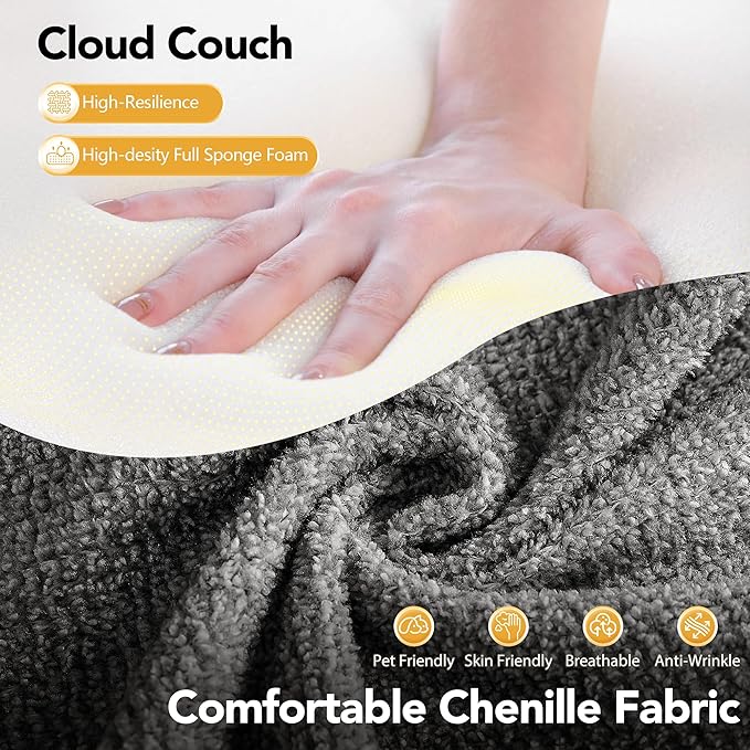 Rengue 105.5 Cloud Boneless Sectional Sofa for Living Room 4-Seater L-Shaped Comfy Couch with Ottoman 4 Pillows Deep Seat Chenille Sofa No Assembly Required (Dark Grey) 72h to Restore