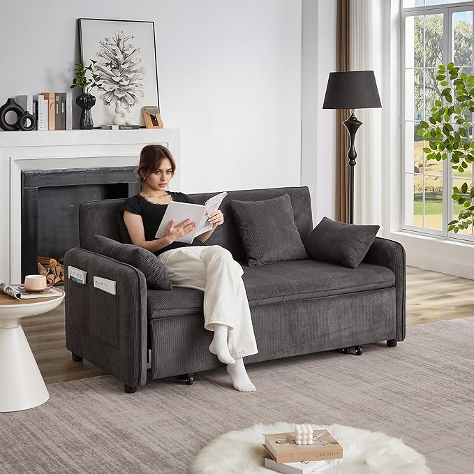 Ball &amp Cast 66 Convertible Sofa Bed3-in-1 Corduroy Loveseat Sleeper Pull Out Couch Bed with Pillows and Side Pockets Deep Seat Comfy Sofa Couches for Living RoomApartmentDark Grey