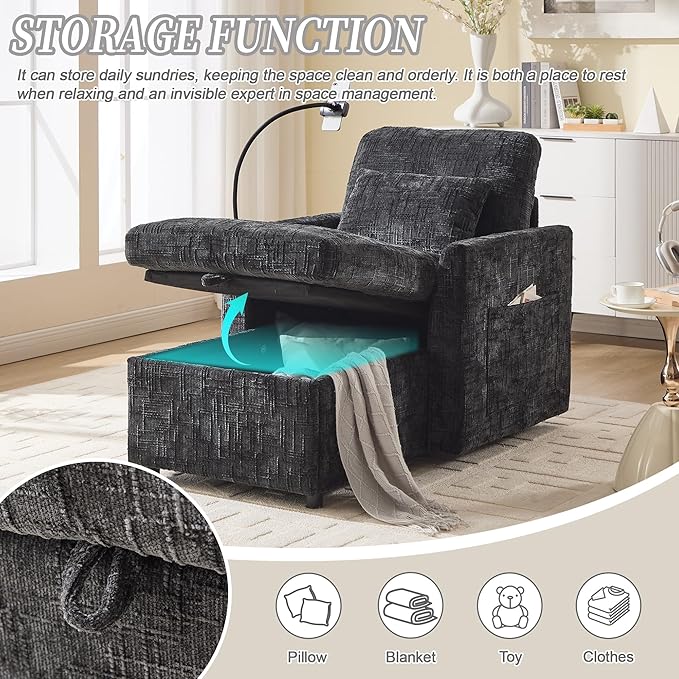 Multifunctional Recliner Sofa Chair with Storage Phone Holder &amp Adjustable Backrest Chenille Fabric Single Leisure Chair for Living Room Bedroom Small Spaces (Black)