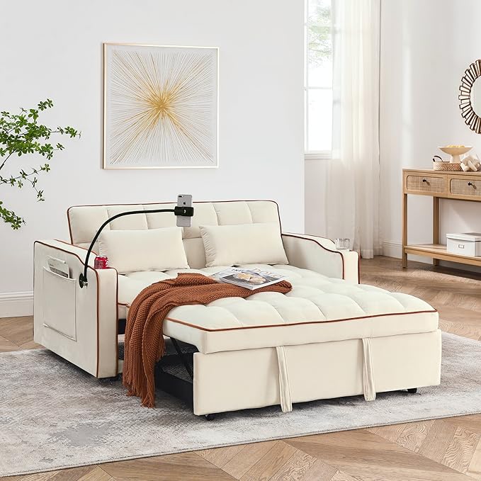 Dreamzie 3 in 1 Convertible Sleeper Sofa Bed Pull Out Couch for Living Room with Swivel Phone Stand Loveseat Sleeper with Side Pocket | Adjustable Backrest | USB Port | Cup Holder(Fabric Beige)