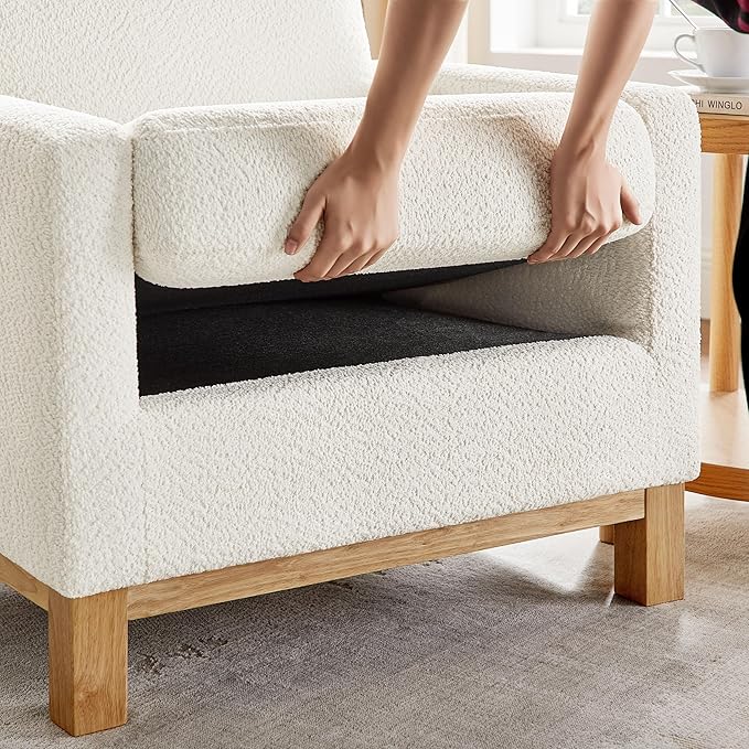 VANOMi Accent Chair 29.5 Reading Chair Modern Living Room Chair with Thick Cushion&ampWood Base Comfy Upholstered Boucle Armchair Single Sofa for Bedroom Office White