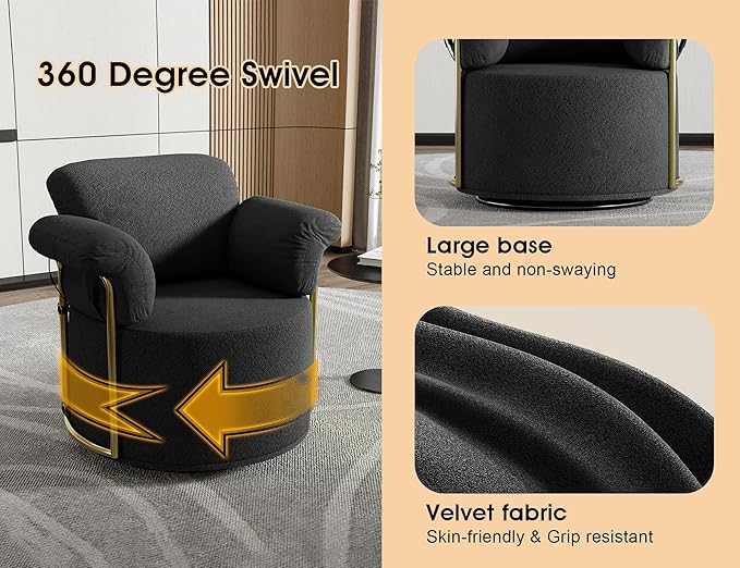 Swivel Accent Chair 360 Degree Swivel Barrel Chair Upholstered Comfy Reading Chair for Living Room Bedroom Apartment Small Space Seating with Supportive Foam Spring Cushion Black