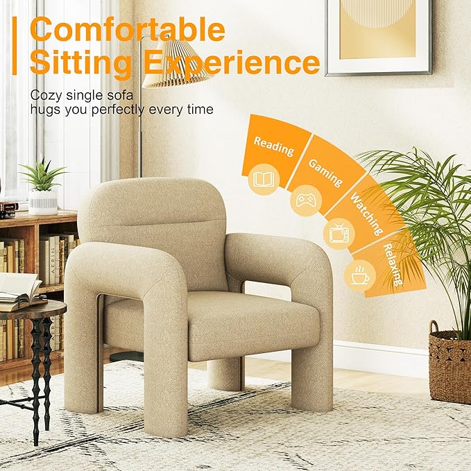 LSSPAID Accent Chairs Modern Line Fabric Upholstered Armchairs Comfy Leisure Reading Chair Fluffy Single Sofa Chair for Living Room Bedrooms Office (Beige 1PC)