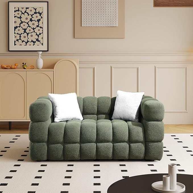 Modern Boucle Loveseat Couch for Living Room 61'' Sherpa Upholstered Sofa Couch Comfy Cloud Deep Seat Sofa Luxury Minimalist Plush Fluffy Couch for Small Apartment Office 2 Pillows Green