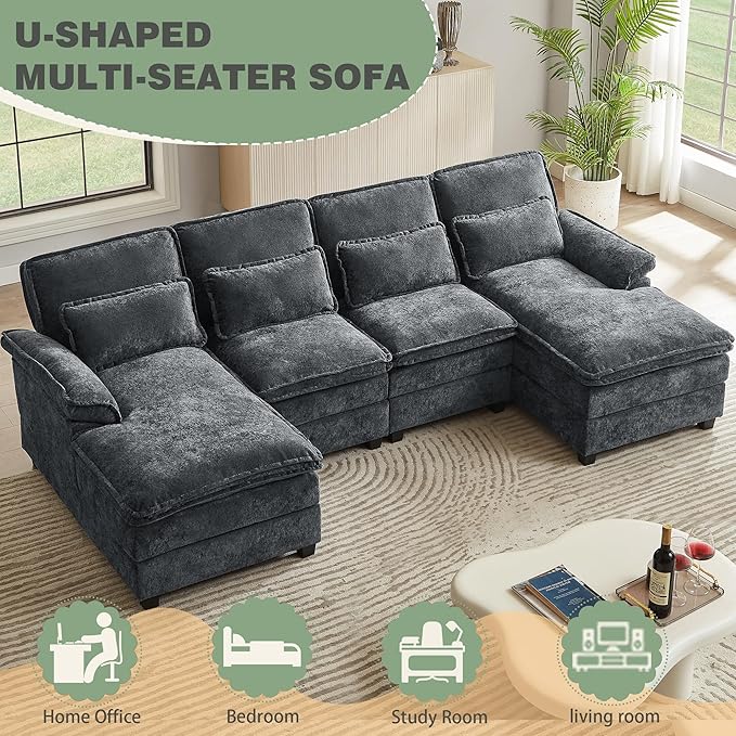 112 Modular Sectional Sofa U Shaped Comfy Cloud Couch with Double Chaise and Padded Armrests Modern Deep Seat Sectional Couches for Living Room Apartment Office Dark Grey