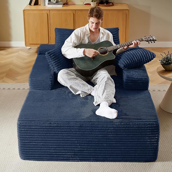 50 Oversized Chaise Lounge Chair IndoorCorduroy Boneless Reading Chair with 3 PillowsDeep Seat Cloud Sofa BedComfy Modern Sleeper Chairs in Box for Living Room BedroomNo Assembly(Blue)