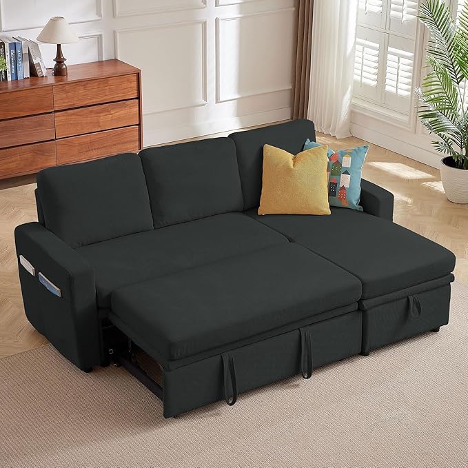 79 Sleeper Sofa Bed Convertible Sofa Pull Out Couch with Storage | Reversible Chaise | L Shaped | Layered Storage | 3-Seater Comfy Sectional Couch Pullout Bed for Living Room Black