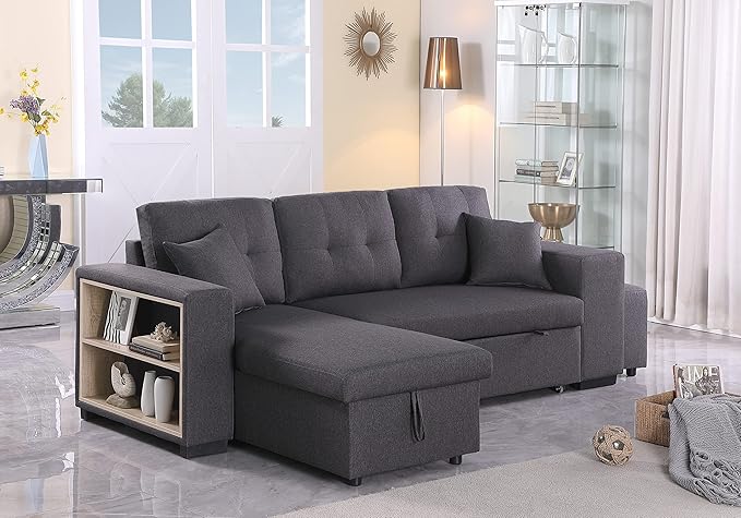 95 Reversible Sectional Sofa with Pull Out Sleeper Loveseat and Storaged ChaiseLinen Upholstered Couch W/ 2 Small Ottoman &amp Armrestfor DormApartmentStudioOfficeDark Gray