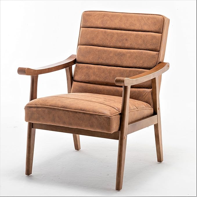 Unique Mid Century Modern Accent Chair with Open-Framed Armchair Design Plush Foam Cushioning and Leather-Look Microfiber Seat and Back Cushions Brown